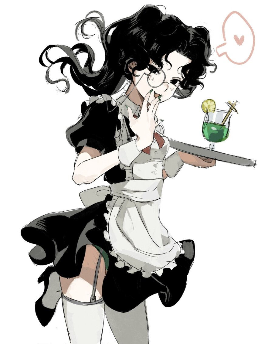 1girl amon_(lord_of_the_mysteries) apron black_dress black_eyes black_hair blush breasts cup dress frilled_apron frilled_dress frills garter_straps genderswap genderswap_(mtf) green_nails green_panties heart highres holding holding_tray kikinotamai long_hair looking_at_viewer lord_of_the_mysteries maid maid_apron monocle open_mouth panties parted_bangs puffy_short_sleeves puffy_sleeves short_sleeves simple_background smile solo spoken_heart thighhighs tray twintails underwear white_apron white_background wrist_cuffs