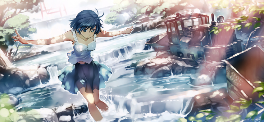 1girl :o absurdres balancing bare_legs blouse blue_eyes blue_hair blue_skirt collarbone dappled_sunlight diesel_locomotive female_focus highres incredibly_absurdres leaf light_rays locomotive looking_at_viewer matching_hair/eyes mine_cart nature original outdoors outstretched_arms plant rock scan see-through_clothes shirt short_hair skirt sleeveless solo spread_arms stream sunbeam sunlight tree vania600 vehicle wading water white_shirt wreckage