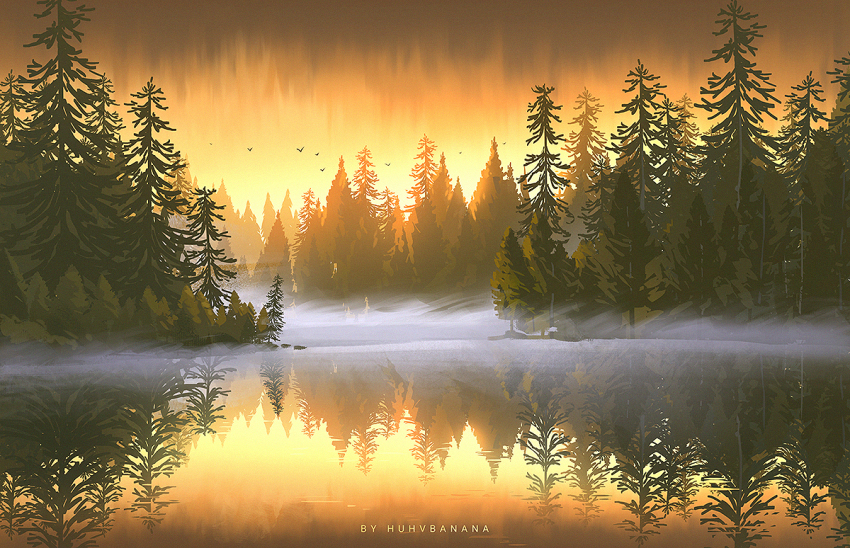 artist_name bird commentary_request fir_tree fog forest huhv. lake nature no_humans original reflection reflective_water scenery sky sunrise tree yellow_sky