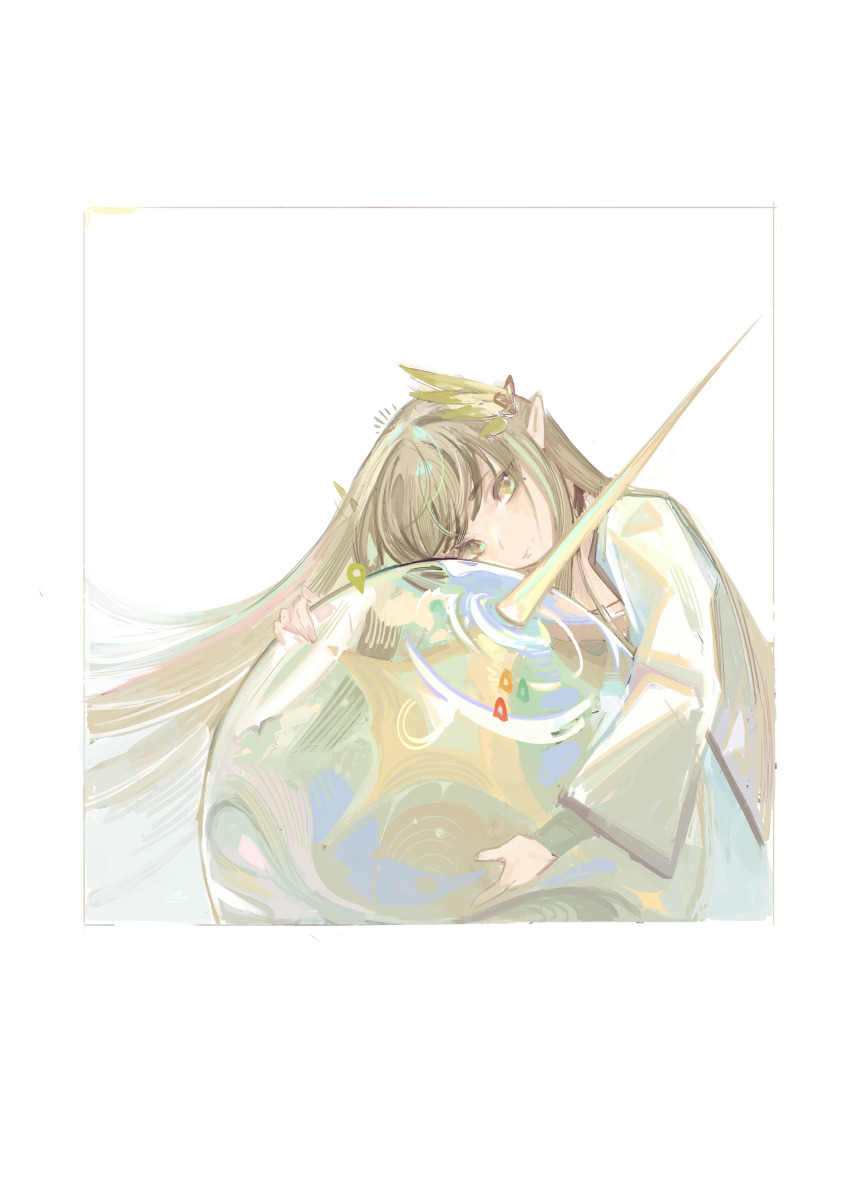 1girl absurdres arknights border brown_eyes brown_hair chinese_commentary closed_mouth coat commentary_request elf floating_hair globe green_coat green_shirt head_tilt highres laurels long_hair long_sleeves looking_at_viewer muelsyse_(arknights) hugging_object open_clothes open_coat orb pipidan pointy_ears ripples shirt solo upper_body very_long_hair white_background white_border wide_sleeves