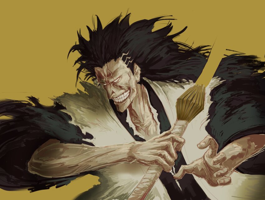 1boy absurdres black_hair black_kimono bleach commentary evil_grin evil_smile fighting_stance forehead grin hands_up haori highres holding holding_sword holding_weapon japanese_clothes kimono long_hair long_sleeves looking_at_viewer male_focus nitrovu no_eyebrows nose scar scar_on_face simple_background smile solo spiked_hair sunken_cheeks sword taichou_haori teeth upper_body weapon wide_sleeves yellow_background zaraki_kenpachi
