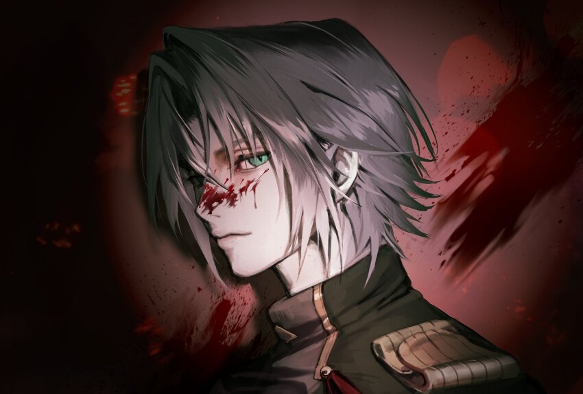 1boy black_jacket blood blood_on_face blood_on_wall blood_splatter commentary expressionless final_fantasy final_fantasy_vii final_fantasy_vii_ever_crisis green_eyes grey_hair hashtag-only_commentary highres indoors jacket looking_at_viewer male_focus military_jacket night nijomushi sephiroth sephiroth_(shinra_formal_uniform) sephiroth_(ever_crisis) short_hair shoulder_boards slit_pupils solo spotlight upper_body