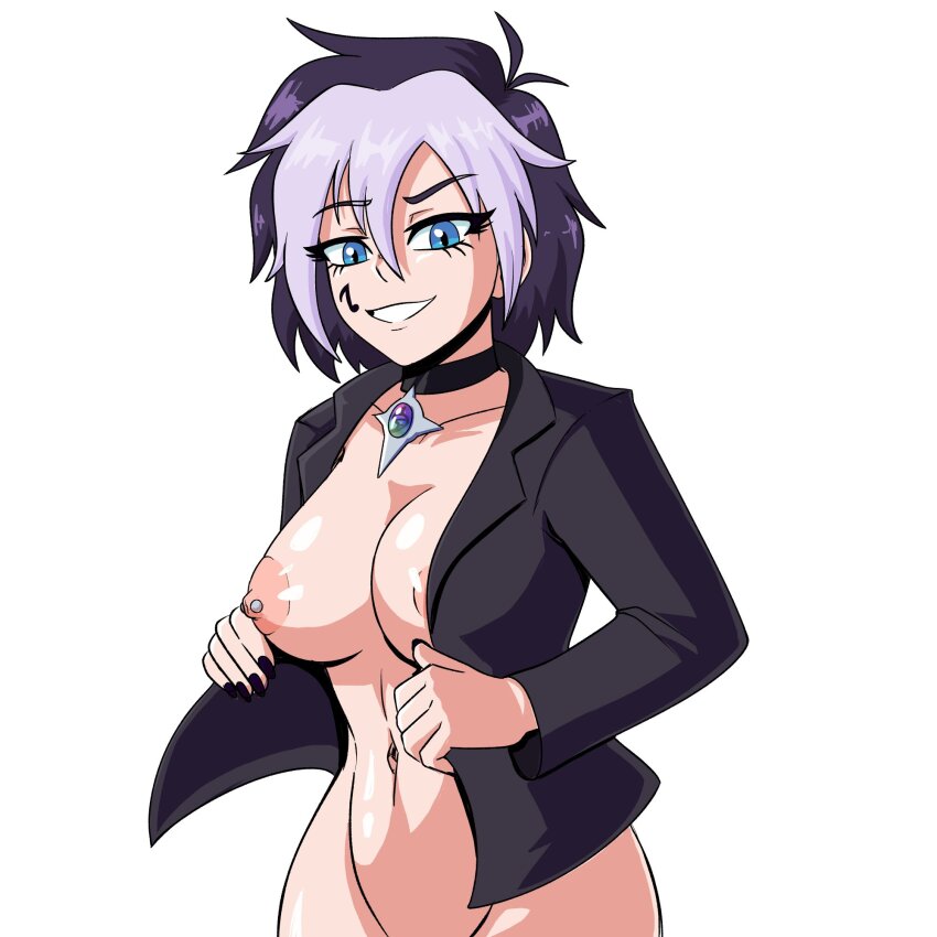 1girl black_collar black_nails blue_eyes bottomless breasts collar collarbone commentary english_commentary highres jacket large_breasts ludinsketches medium_hair multicolored_hair naked_jacket navel nipple_piercing nipples no_shirt original piercing pollyana_geistbeck purple_hair smile solo two-tone_hair upper_body