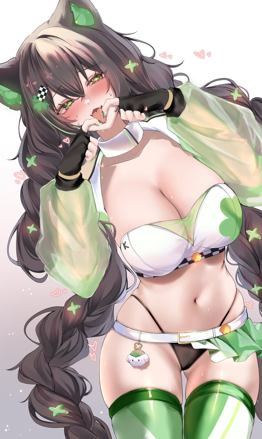 1girl absurdres acedia animal_ears belt black_gloves black_hair black_panties blush braid breasts cat_ears checkered_clothes checkered_hair_ornament choker cleavage clover commentary cowboy_shot crop_top drooling english_commentary fangs finger_to_tongue fingerless_gloves four-leaf_clover gloves gluteal_fold green_eyes green_thighhighs hair_ornament hairclip hands_up highleg highleg_panties highres indie_virtual_youtuber kitsunya_(vtuber) large_breasts long_hair long_sleeves looking_at_viewer naughty_face navel no_pants nose_blush open_mouth panties puffy_long_sleeves puffy_sleeves race_queen second-party_source see-through_clothes see-through_sleeves shirt simple_background skindentation smile solo stomach string_panties symbol-shaped_pupils thighhighs tongue tongue_out twin_braids twintails underwear very_long_hair virtual_youtuber white_background white_choker white_shirt