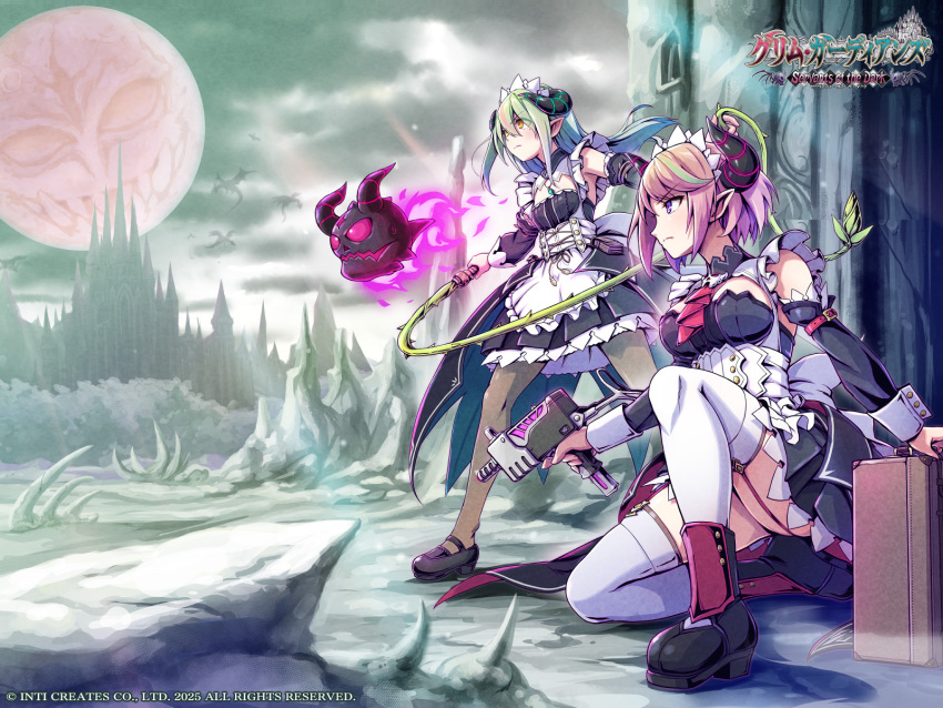 2girls bare_shoulders black_dress black_horns black_pantyhose breasts castle copyright_name demon_girl demon_horns demon_lord_maxim_(galgun) dress fire floating_skull full_body gal_guardians gal_gun_(series) garter_straps green_hair gun highres holding holding_gun holding_weapon holding_whip horns kirika_(galgun) large_breasts long_hair maid maid_headdress masanori_ito masha_(galgun) multicolored_hair multiple_girls official_art on_one_knee pantyhose pink_hair purple_fire release_celebration short_hair siblings sisters small_breasts standing streaked_hair thighhighs two-tone_hair weapon white_thighhighs