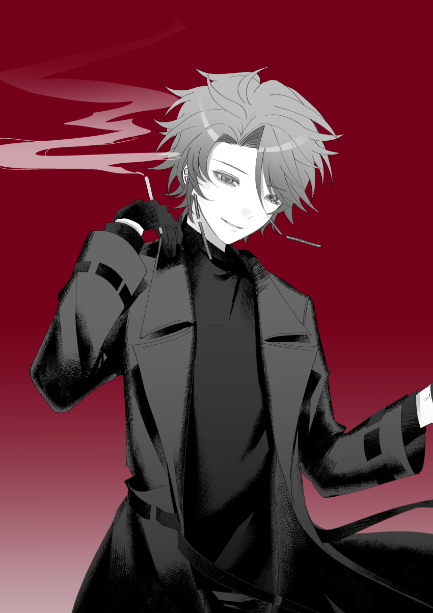 1boy absurdres artist_request belt chinese_commentary coat commentary earrings gloves greyscale_with_colored_background highres jewelry long_sleeves male_focus open_belt open_clothes open_coat red_background saibou_shinkyoku second-party_source short_hair smile smoke solo theodore_riddle upper_body