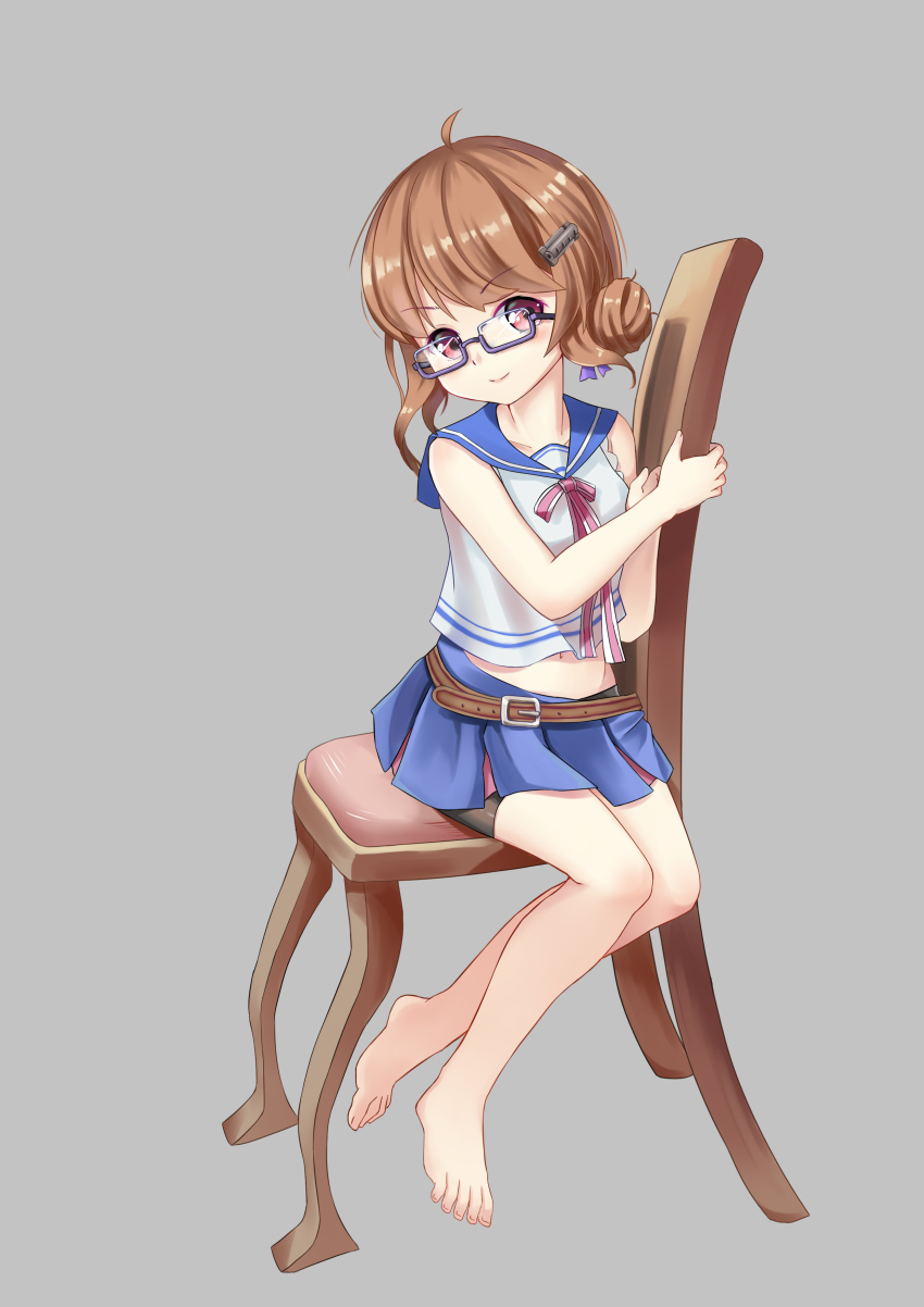 1girl absurdres ahoge azur_lane barefoot belt bike_shorts blue_skirt brown_eyes brown_hair chair crop_top feet female_focus glasses grey_background hair_bun highres long_hair midriff miniskirt raleigh_(azur_lane) school_uniform serafuku shirt shorts shorts_under_skirt simple_background single_hair_bun sitting skirt sleeveless sleeveless_shirt smile solo the_hermit_(by5100770) toes white_shirt