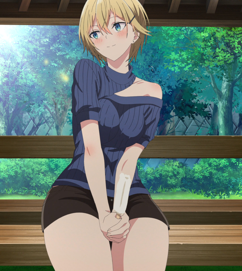 1girl absurdres anime_screenshot arm_support black_shorts blonde_hair blue_eyes blue_shirt closed_mouth ear_piercing evergreen_eri feet_out_of_frame female_focus hair_ornament hairclip haite_kudasai_takamine-san highres holding_food holding_ice_cream ice_cream looking_to_the_side navel outdoors piercing shirt short_hair short_shorts short_sleeves shorts single_bare_shoulder sitting smile solo stitched thighs third-party_edit