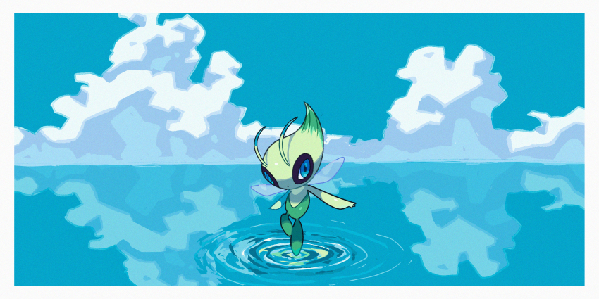 absurdres blue_eyes border celebi closed_mouth cloud commentary_request day gen_2_pokemon highres legendary_pokemon mythical_pokemon nintendo no_humans outdoors pokemon pokemon_(creature) reflection ripples saiku_(zvlku) sky solo water water_world white_border