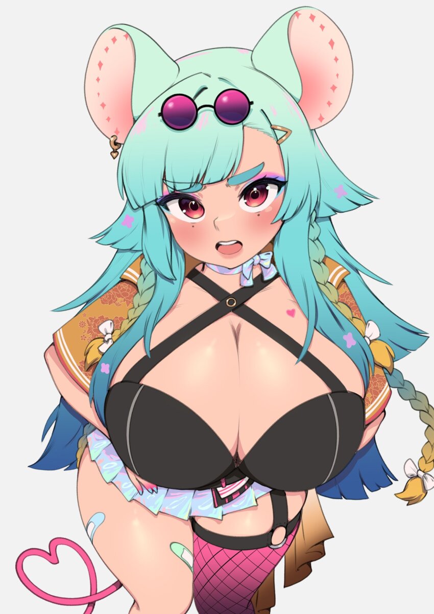 1girl animal_ears bandaid bandaid_on_leg black_bra blush bra braid breast_tattoo breasts choker cleavage commentary commission criss-cross_halter ear_piercing emiri_(rabiespride) english_commentary eyeshadow eyewear_on_head fishnet_thighhighs fishnets floral_print from_above green_hair grey_background gyaru hair_ornament hairclip halterneck hands_on_own_hips heart heart_tail heart_tattoo highres huge_breasts large_ears long_hair looking_at_viewer makeup miniskirt mole mole_under_eye mouse_ears mouse_girl mouse_tail multicolored_eyeshadow multiple_moles o-ring_legwear_garter original piercing pink_thighhighs purple-tinted_eyewear red_eyes ribbon_choker second-party_source shiny_clothes shortstack side_braids single_thighhigh skirt solo sunglasses tail tattoo teeth thick_eyebrows thighhighs tinted_eyewear underwear upper_teeth_only whomperfruit