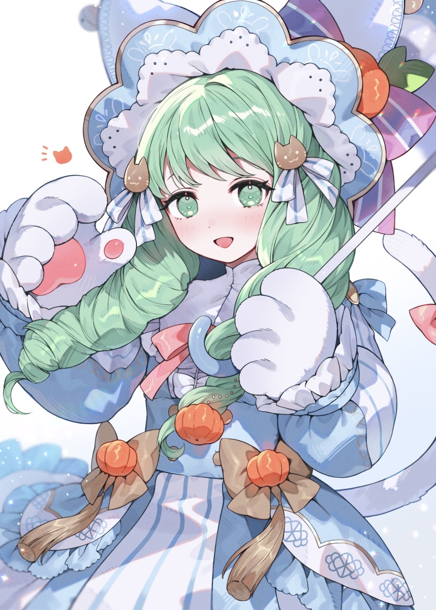 1girl animal_hands bell blush bow cat_tail commentary_request dot_nose drill_hair fake_tail fire_emblem fire_emblem:_three_houses fire_emblem_heroes flayn_(fire_emblem) flayn_(halloween)_(fire_emblem) frills gloves green_eyes green_hair hair_ornament halloween halloween_costume highres jack-o&#039;-lantern_hat_ornament long_hair long_sleeves looking_at_viewer nintendo official_alternate_costume open_mouth paw_gloves pink_bow pumpkin shibainu simple_background solo tail tail_bow tail_ornament twin_drills white_background