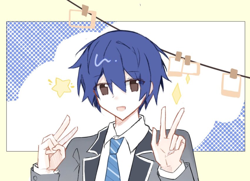 1boy blue_hair brown_eyes date_a_live itsuka_shidou n.(pl) school_uniform short_hair solo