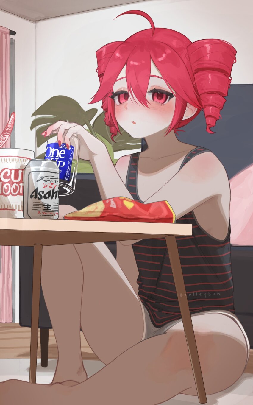 1girl ahoge beer_can blush can collarbone commentary cup drill_hair drink_can drinking_glass drunk english_commentary feet_out_of_frame flower_pot glass grey_shorts hair_between_eyes highres holding holding_cup indoors julie_(rolleybun) kasane_teto looking_at_viewer one_cup open_mouth pinstripe_pattern pinstripe_shirt red_eyes red_hair shirt short_shorts shorts sleeveless sleeveless_shirt solo table twin_drills twitter_username utau
