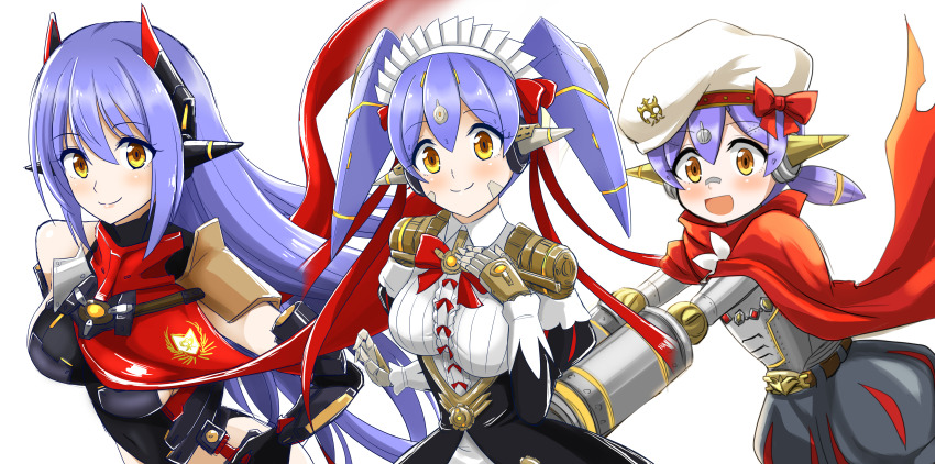 3girls :d absurdres android armored_leotard beret black_dress blue_hair bow breasts closed_mouth dated dress frills hat highres hisin leotard long_hair long_sleeves looking_at_viewer maid maid_headdress medium_breasts multiple_girls open_mouth poppi_(xenoblade) poppi_alpha_(xenoblade) poppi_qt_(xenoblade) poppi_qtpi_(xenoblade) red_bow red_scarf scarf signature simple_background smile tareme white_background xenoblade_chronicles_(series) xenoblade_chronicles_2 yellow_eyes