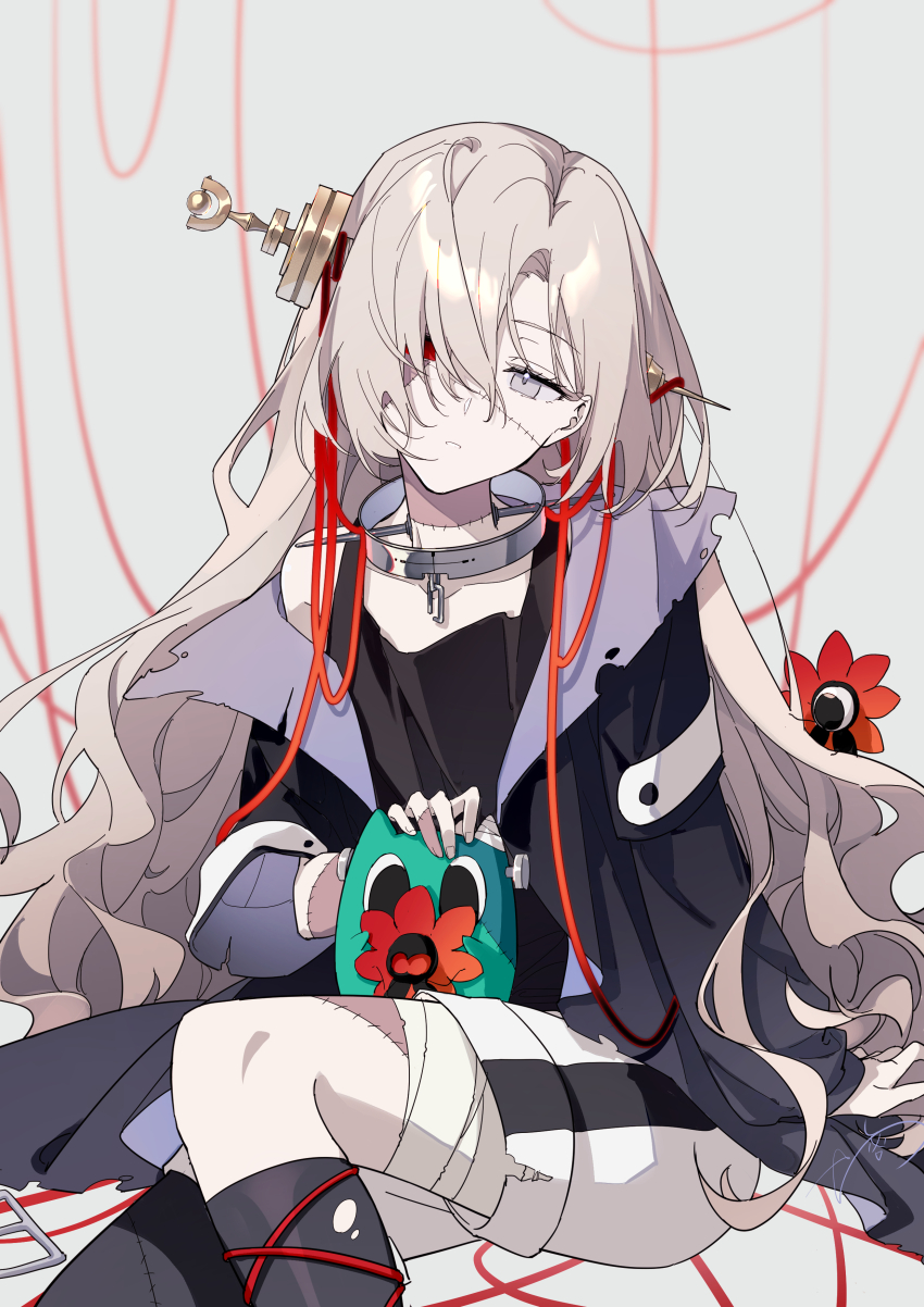 1girl absurdres anemone_(flower) asymmetrical_footwear asymmetrical_sleeves bandaged_leg bandages black_coat black_tank_top bolt_(hardware) coat cosplay creature expressionless familiar feet_out_of_frame flower frankenstein frankenstein&#039;s_monster frankenstein&#039;s_monster_(cosplay) grey_background grey_eyes grey_hair hair_over_one_eye halloween_costume heterochromia highres isekaijoucho kamitsubaki_studio long_hair multicolored_hair object_through_head open_clothes open_coat parted_lips red_eyes red_hair screw_in_head shorts single_bare_shoulder sitting stitches string tank_top two-tone_hair uneven_sleeves very_long_hair virtual_youtuber walluka wavy_hair