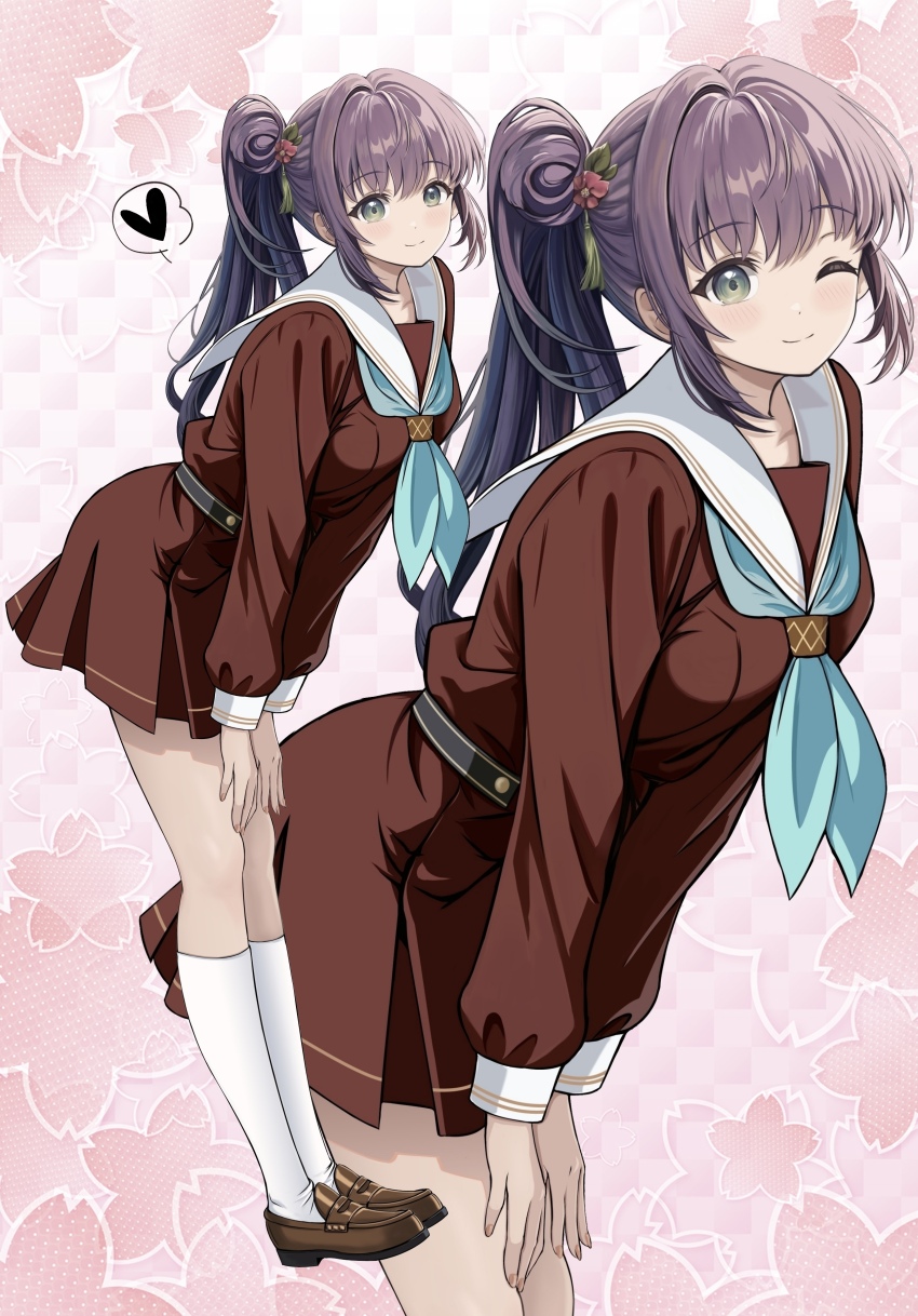 1girl absurdres ankle_socks bent_over blue_neckerchief breasts brown_serafuku collarbone flower full_body green_eyes hair_flower hair_ornament highres link!_like!_love_live! loafers long_hair looking_at_viewer love_live! medium_breasts multiple_views neckerchief otomune_kozue pleated_skirt purple_hair sailor sailor_collar school_uniform serafuku shoes side_ponytail skirt smile socks solo standing very_long_hair white_socks zaofeng