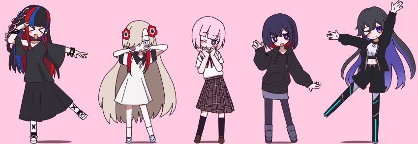 &gt;_&lt; 5girls absurdres amazake_horida black_hair black_pantyhose black_shorts black_skirt blue_eyes blue_hair blunt_bangs boots collared_shirt colored_inner_hair crop_top dress hair_over_eyes harusaruhi highres isekaijoucho kaf_(kamitsubaki_studio) kamitsubaki_studio koko_(kamitsubaki_studio) loafers long_hair long_skirt looking_at_viewer mary_janes multicolored_hair multiple_girls one_eye_closed pantyhose pencil_skirt pink_hair pleated_skirt rim_(kamitsubaki_studio) school_uniform shirt shoes short_hair short_sleeves shorts sidelocks skirt smile sneakers sweater thighhighs very_long_hair white_dress white_hair white_shirt zako_(vocaloid)