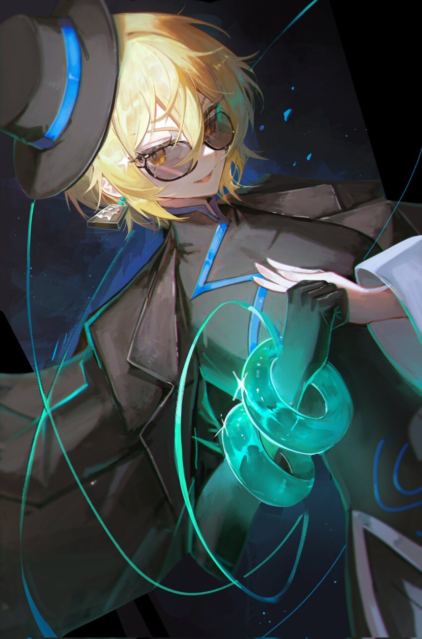 1girl black_coat black_dress black_gloves black_hat blonde_hair breasts cinq_association_east_uniform coat coat_on_shoulders don_quixote_(project_moon) dress earrings ellen6468 gloves hat highres jade_bangle jade_bracelet jewelry lapels limbus_company looking_at_viewer medium_breasts notched_lapels open_mouth palm-fist_greeting project_moon short_hair smile solo sunglasses yellow_eyes