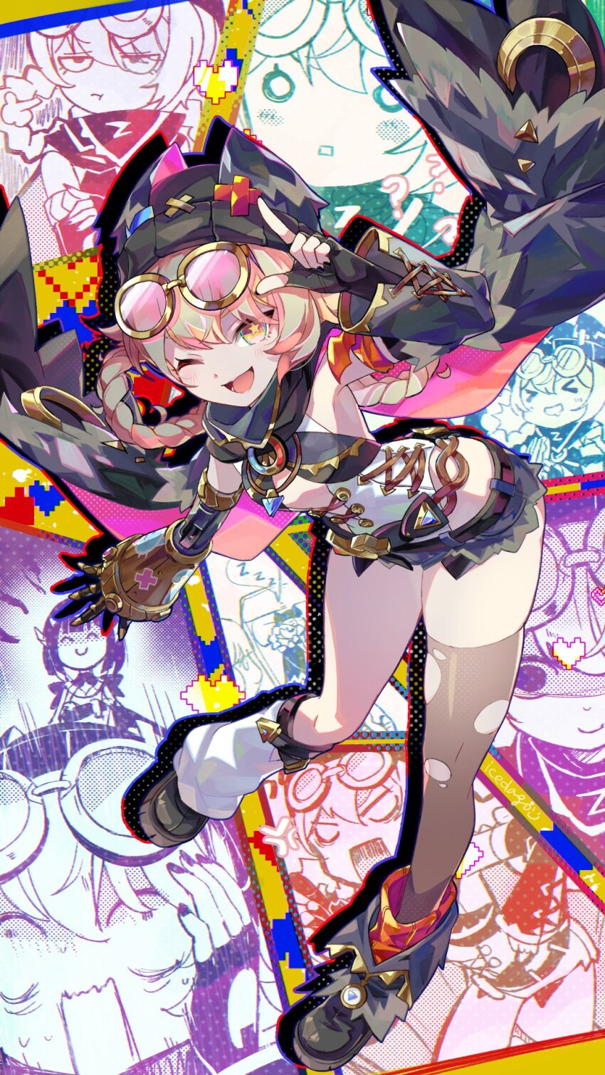 &gt;_&lt; anger_vein angry animal_ear_headwear beanie belt black_cape black_hat black_nails black_shoes black_shorts blank_eyes blonde_hair braid braided_hair_rings cape center_opening cross-laced_clothes detached_sleeves emphasis_lines fake_animal_ears full_body genshin_impact gloom_(expression) goggles goggles_on_head hair_between_eyes hair_rings hat highleg highleg_leotard highres icedango_(dpopic3) ineffa_(genshin_impact) jahoda_(genshin_impact) leotard leotard_under_clothes light_blush looking_at_viewer multiple_girls nefer_(genshin_impact) o_o one_eye_closed open_mouth pink-tinted_eyewear pout prosthesis prosthetic_arm rectangular_mouth scared shaded_face shoes short_shorts shorts single_thighhigh sleeping smile star-shaped_pupils star_(symbol) sweatdrop symbol-shaped_pupils thighhighs thighs tinted_eyewear torn_clothes torn_shorts torn_thighhighs v-shaped_eyes white_leotard yellow_eyes zzz