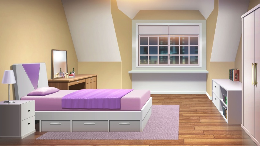 apartment bed bedroom blanket blurry blurry_background book bookshelf bottle cityscape desk_lamp drawer highres indoors lamp mirror night no_humans non-web_source official_art our_life:_beginnings_and_always perfume_bottle pillow purple_theme reflective_floor rug scenery table towel vanity_table variant_set wardrobe window window_blinds window_light wooden_floor
