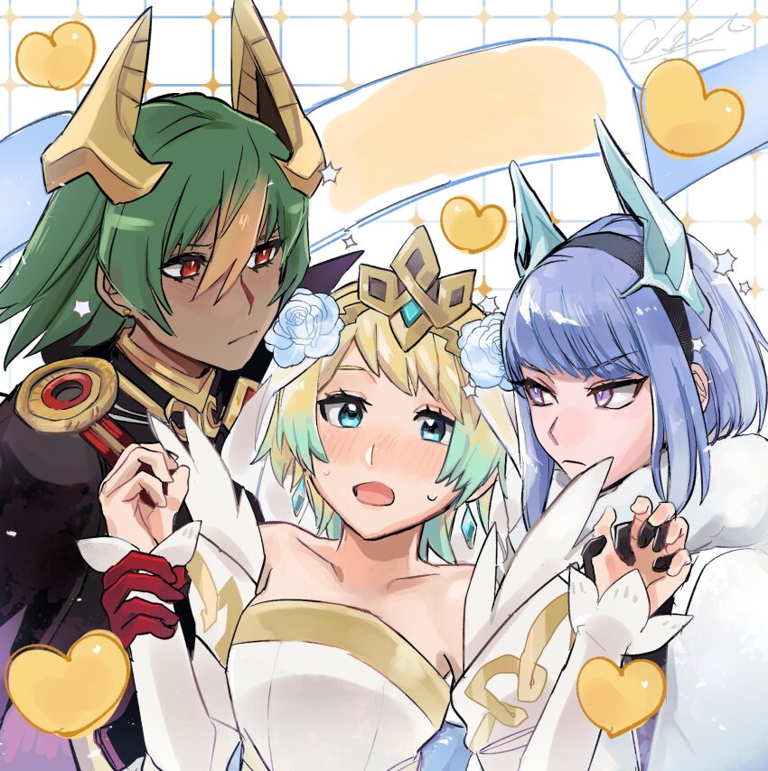 3girls bare_shoulders black_gloves blonde_hair blue_eyes blue_hair blush brown_hair closed_mouth dark-skinned_female dark_skin detached_sleeves dress fake_horns female_focus fire_emblem fire_emblem_heroes fjorm_(bridal)_(fire_emblem) fjorm_(fire_emblem) flower glaring gloves green_hair hair_between_eyes hair_flower hair_ornament heart highres holding_another&#039;s_wrist holding_hands horns laegjarn_(fire_emblem) looking_at_another multicolored_hair multiple_girls nifl_(fire_emblem) nintendo official_alternate_costume open_mouth penguinbu purple_eyes red_eyes short_hair strapless strapless_dress tiara two-tone_hair upper_body wedding_dress yuri