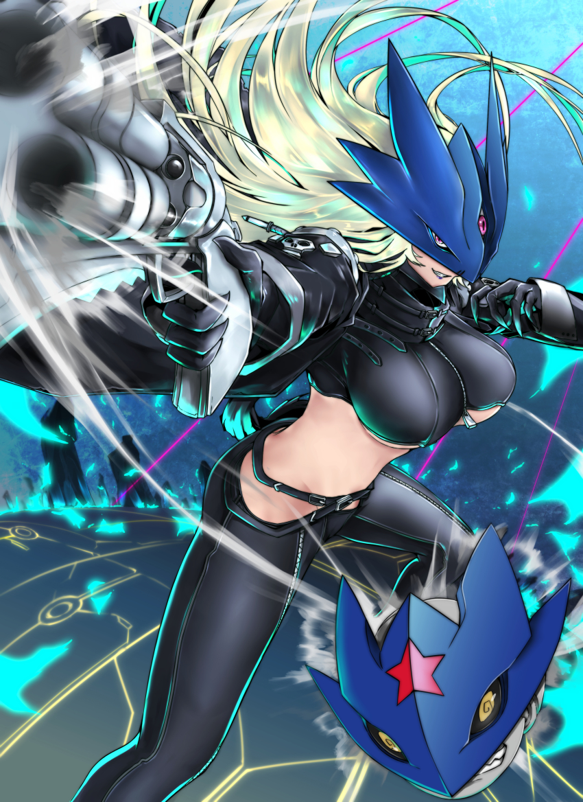 1girl absurdres ass beelstarmon black_jacket black_pants blonde_hair breasts bullet butt_crack cape combination_weapon curled_fingers digimon digimon_(creature) dynamic_pose fly_bullet green_hair gun handgun highres holding holding_gun holding_weapon jacket jiyuuya knife large_breasts legs_up lipstick long_hair makeup mask midriff multicolored_hair multiple-barrel_gun open_mouth pants parted_lips pistol red_eyes revealing_clothes revolver rizoma_de_loto skull solo standing star_(symbol) streaked_hair teeth thighs third_eye torn_cape torn_clothes torn_coat triple-barreled_revolver two-tone_hair underboob volley_gun weapon yellow_eyes zipper
