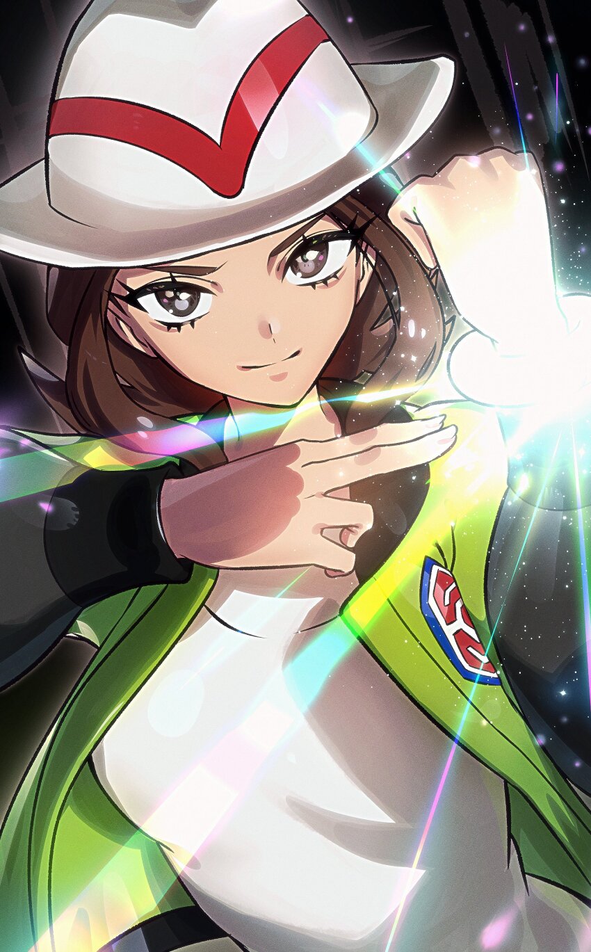 1girl absurdres breasts brown_eyes brown_hair closed_mouth green_jacket harmony_(pokemon) hat highres jacket looking_at_viewer nintendo open_clothes open_jacket pokemon pokemon_legends:_z-a ryairyai shirt short_hair white_hat white_shirt