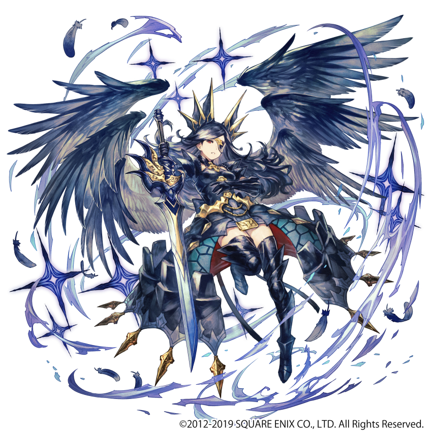 1girl 2012 2019 armor armored_boots armored_dress black_dress black_hair black_thighhighs black_wings boots bravely_default:_praying_brage bravely_default_(series) breasts character_request company_name copyright_notice dress eyepatch feathered_wings feathers highres holding holding_sword holding_weapon long_hair looking_at_viewer multiple_wings official_art parted_lips red_eyes satou_kivi small_breasts solo sword thigh_boots thighhighs weapon wings