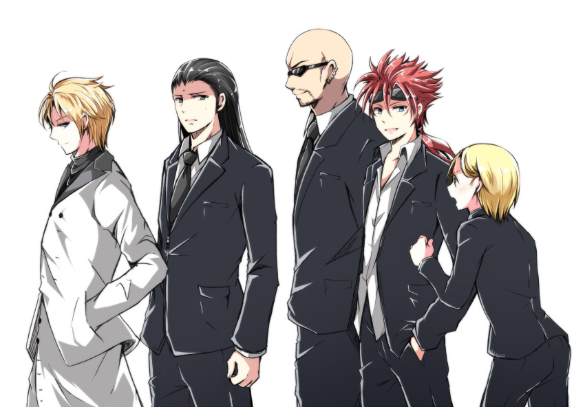 1girl 4boys bald bindi black_hair black_necktie black_pants black_suit blonde_hair clenched_hand coat collared_shirt earrings elena_(ff7) facial_hair facial_mark final_fantasy final_fantasy_vii formal_clothes furrowed_brow goatee goggles goggles_on_head grey_shirt hair_slicked_back hand_in_pocket highres jacket jewelry low_ponytail multiple_boys multiple_earrings nanao_(zonzonsh) necktie open_mouth pants parted_lips ponytail red_hair reno_(ff7) rude_(ff7) rufus_shinra shirt short_hair short_hair_with_long_locks sideburns smile spiked_hair suit suit_jacket sunglasses tseng walking white_background white_coat white_shirt