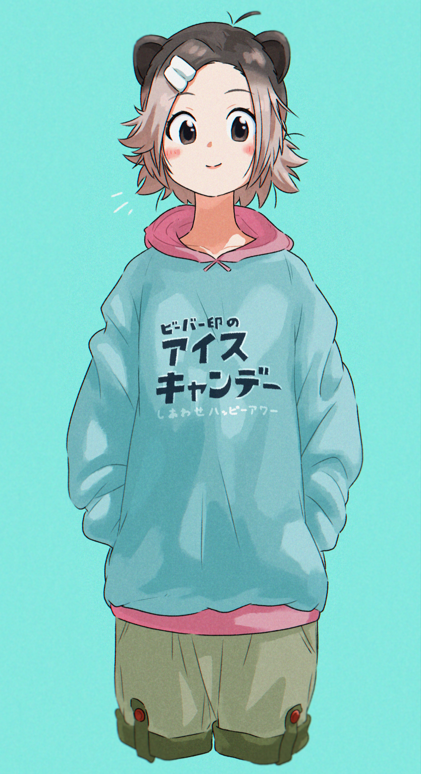 1girl absurdres animal_ears appleq beaver_ears blue_background blue_hoodie brown_eyes brown_hair brown_shorts closed_mouth clothes_writing commentary_request eurasian_beaver_(kemono_friends) forehead hair_ornament hairclip hands_in_pockets highres hood hood_down hoodie kemono_friends long_neck looking_at_viewer shorts simple_background smile solo translation_request