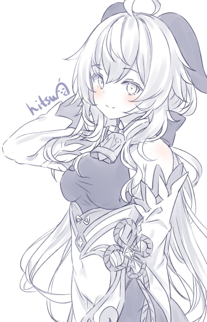 1girl ahoge bare_shoulders bell blush bodyboard breasts commentary cowbell detached_sleeves english_commentary ganyu_(genshin_impact) genshin_impact gloves hair_between_eyes highres hitsukuya horns long_hair long_sleeves looking_at_viewer medium_breasts neck_bell signature simple_background sketch sleeves_past_wrists smile solo very_long_hair white_background wide_sleeves