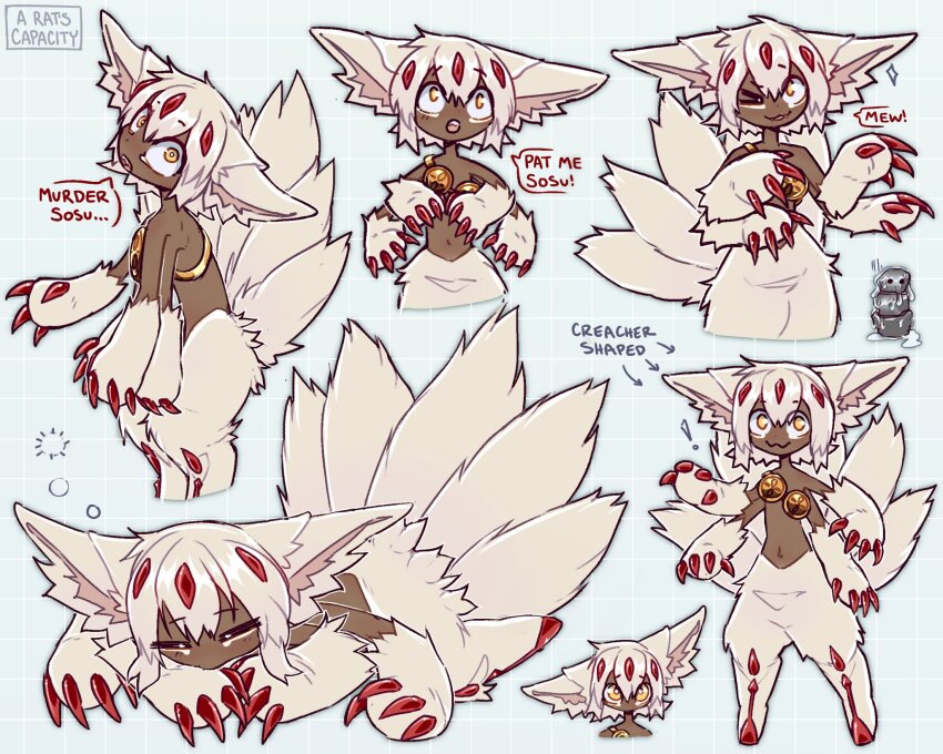 :3 artist_request claws closed_eyes commentary dark-skinned_female dark_skin english_commentary extra_arms faputa full_body goggles highres made_in_abyss multiple_tails sleeping tail white_fur white_hair yellow_eyes