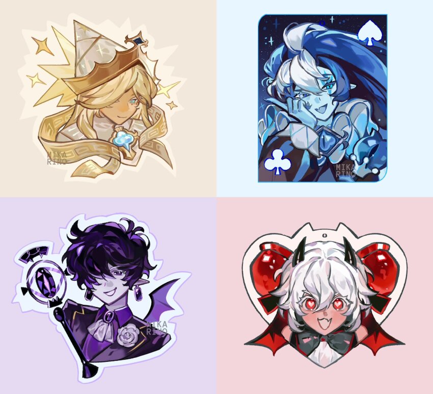 1girl 3boys black_sapphire_cookie blue_eyes blue_skin candy_apple_cookie candy_apple_hair_ornament colored_skin cookie_run cookie_run:_kingdom crown_hat hat highres humanization long_hair long_sleeves looking_at_viewer male_focus mikarino_x multiple_boys neck_ruff official_alternate_costume puffy_sleeves pure_vanilla_cookie pure_vanilla_cookie_(compassionate) robe shadow_milk_cookie smile white_hair white_robe
