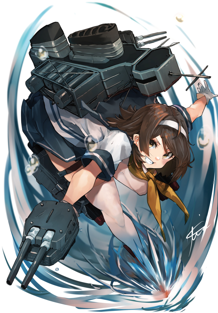 1girl adapted_turret anti-aircraft anti-aircraft_gun blush brown_eyes brown_hair cannon depth_charge gloves hair_bun hairband hat highres kantai_collection looking_at_viewer machinery mast neckerchief pleated_skirt rigging sailor_hat school_uniform serafuku ship_turret short_hair signature skirt smile smokestack solo sunday_aki tanikaze_(kancolle) thighhighs torpedo torpedo_launcher torpedo_tubes white_background white_gloves white_hairband yellow_neckerchief