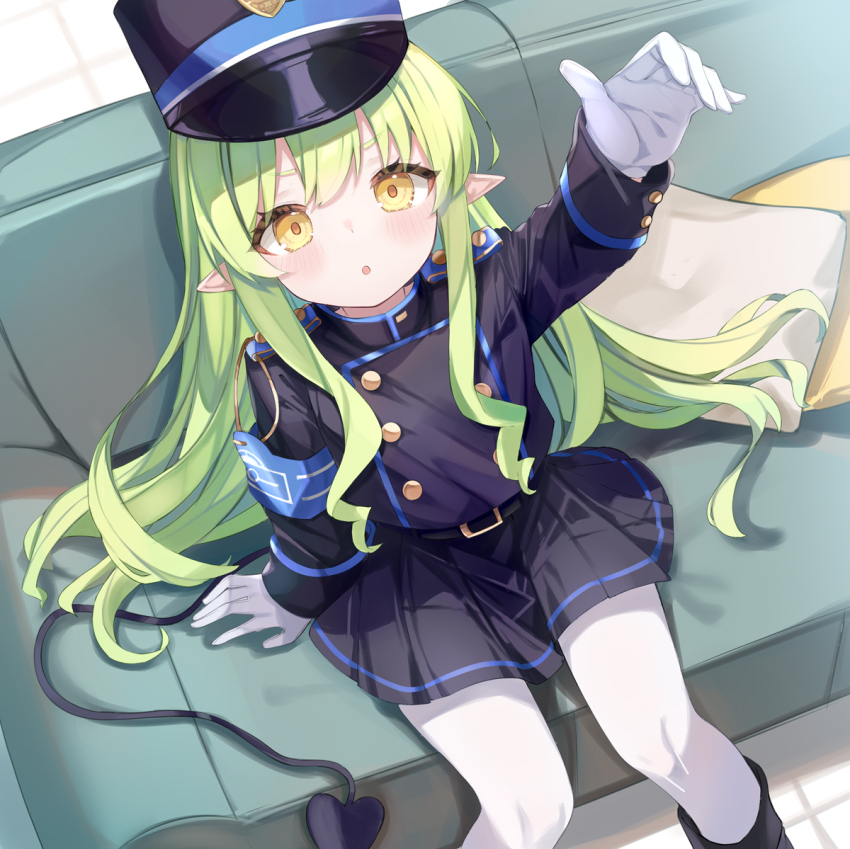 1girl armband black_boots black_skirt blue_archive blue_armband boots brown_pantyhose couch demon_tail gloves green_hair halo hand_up hat hikari_(blue_archive) indoors long_hair long_sleeves looking_at_viewer on_couch pantyhose parted_lips pillow pointy_ears sitting skirt solo tail white_gloves yatani_row yellow_eyes