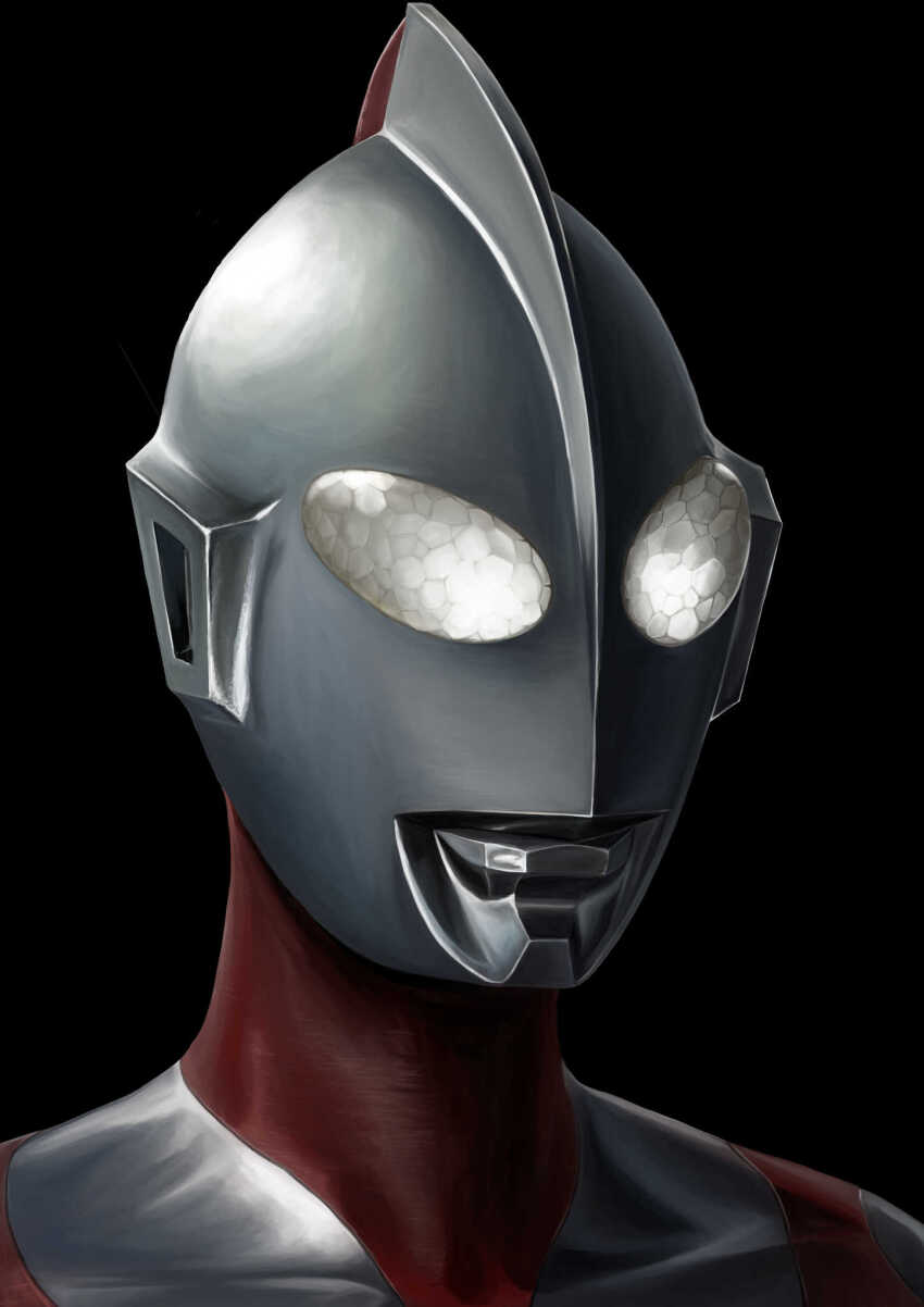 1boy alien black_background collarbone colored_skin commentary compound_eyes dorsal_fin gattyo glowing glowing_eyes hashtag-only_commentary highres looking_ahead male_focus multicolored_skin portrait red_skin shin_ultraman silver_skin simple_background solo tokusatsu ultra_series ultraman ultraman_(shin) white_eyes