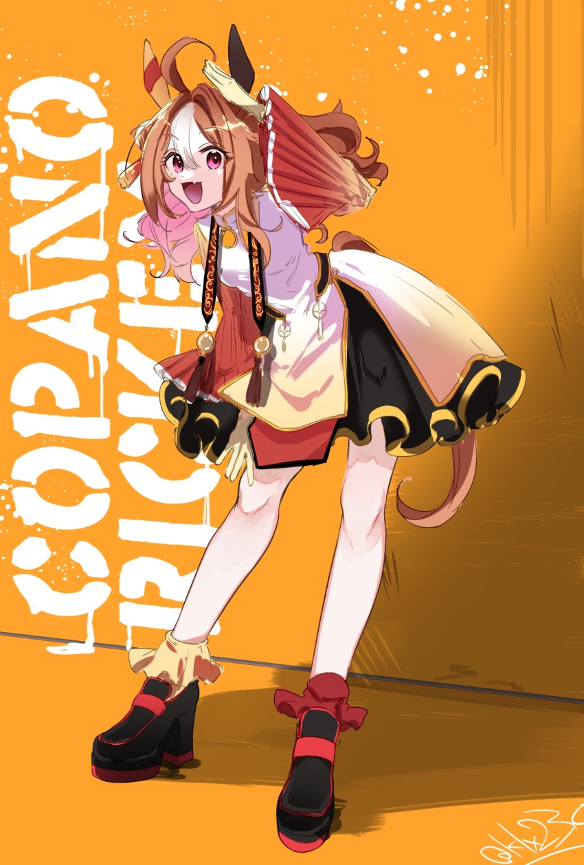 1girl ahoge alternate_costume arms_up black_footwear black_skirt brown_hair character_name clothing_request commentary_request copano_rickey_(umamusume) double_bun dress ear_covers fang full_body gloves gradient_clothes gradient_dress hair_between_eyes hair_bun hair_ornament high_heels highres jewelry looking_at_viewer mandarin_collar multicolored_hair necklace open_mouth orange_background pelvic_curtain pink_eyes red_shoes salute shoes signature simple_background skin_fang skirt smile solo streaked_hair tassel tassel_hair_ornament tsukasa_(avdx5538) umamusume white_hair wide_sleeves yellow_gloves