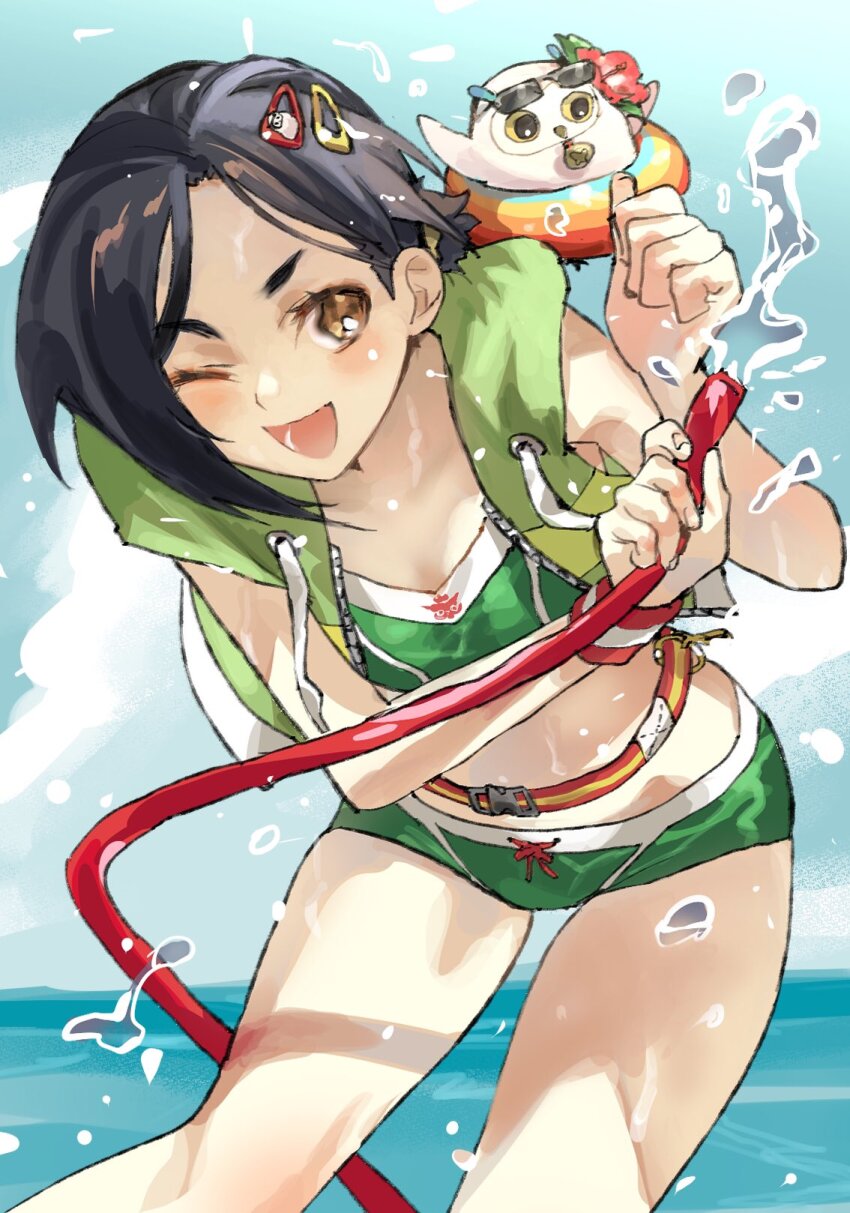 1girl bikini bird black_hair breasts brown_eyes cleavage cowboy_shot cropped_vest eyewear_on_head flower green_bikini hair_behind_ear hair_flower hair_ornament hairclip hibiscus highres holding holding_hose hood hood_down hooded_vest hoodie hose innertube leaning_forward meameeea medium_breasts midriff ocean one_eye_closed open_mouth owl parted_bangs rinwell_(tales) short_hair smile swim_ring swimsuit tales_of_(series) tales_of_arise vest wet wristband