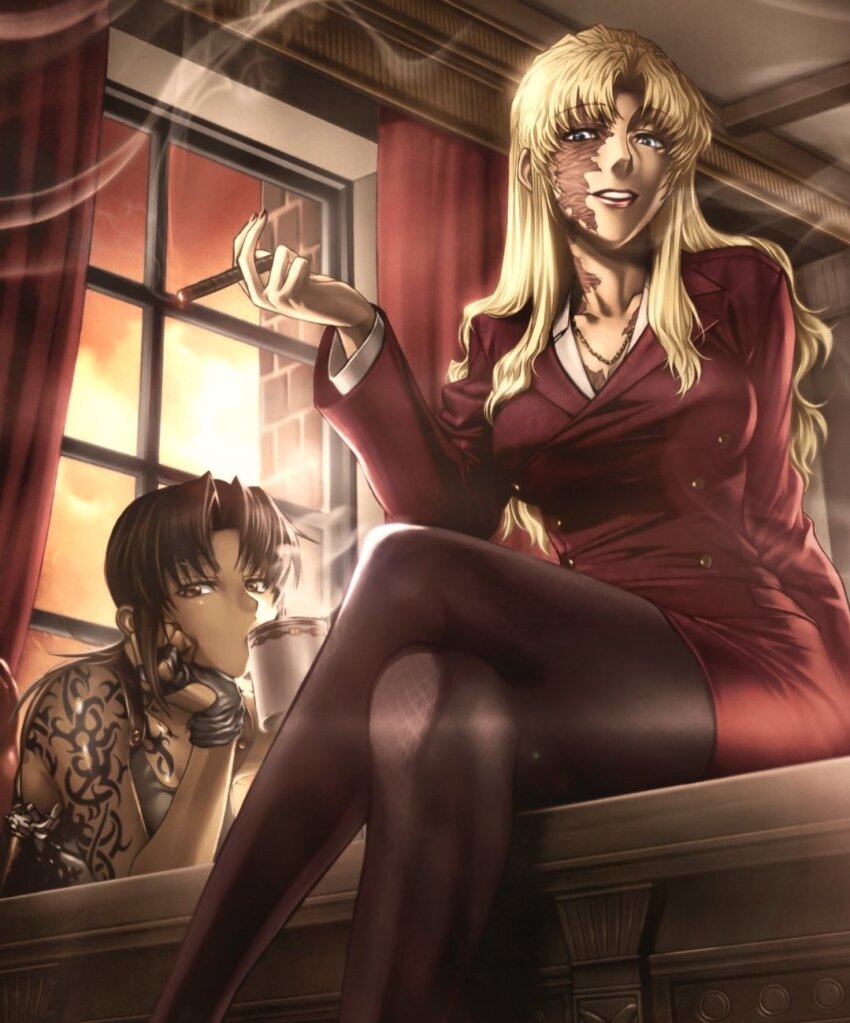 2girls balalaika_(black_lagoon) black_lagoon blonde_hair blue_eyes breasts brown_eyes brown_hair cigar crop_top emoiover fingerless_gloves formal_clothes gloves highres jacket long_hair looking_at_viewer multiple_girls pantyhose ponytail revy_(black_lagoon) scar scar_on_face shoulder_tattoo skirt smile smoking suit tattoo