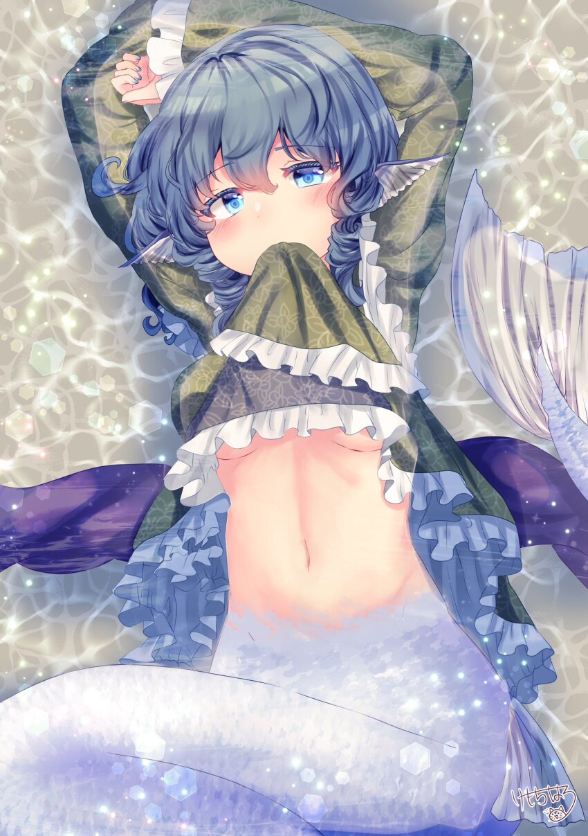 1girl arms_up blue_eyes blue_hair breasts clothes_in_mouth clothes_lift commission double_dealing_character drill_hair drill_sidelocks fins frilled_kimono frills grass_root_youkai_network green_kimono head_fins highres japanese_clothes kemo_chiharu kimono lifting_own_clothes lying medium_breasts mermaid monster_girl navel on_back partially_submerged sidelocks signature skeb_commission solo touhou underboob wakasagihime