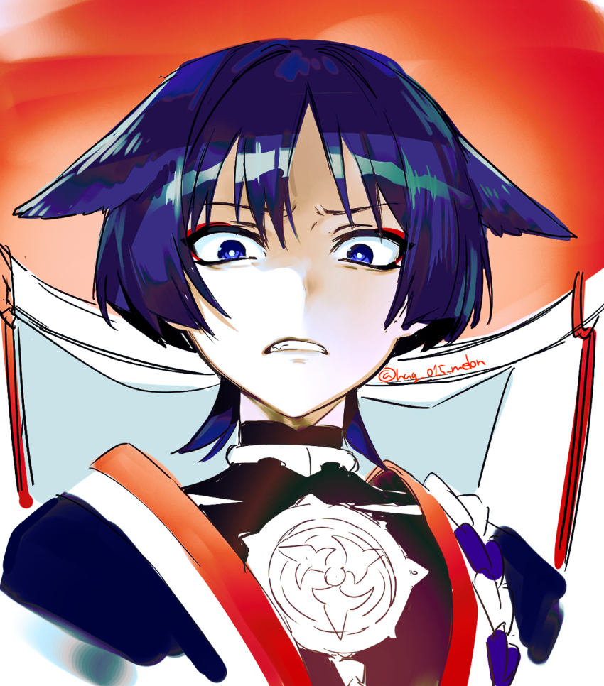1boy animal_ears black_bodysuit black_kimono bodysuit bright_pupils cat_ears clenched_teeth cropped_torso eyeliner eyeshadow frown furrowed_brow genshin_impact glaring hag_(hag_015) hat highres japanese_clothes jewelry jingasa juban kimono looking_at_viewer makeup male_focus mandarin_collar mitsudomoe_(shape) neck_ring portrait purple_eyes purple_hair purple_rope red_eyeliner red_eyeshadow red_hat red_kimono rope scaramouche_(genshin_impact) shimenawa sketch solo teeth tomoe_(symbol) twitter_username unfinished white_kimono white_pupils white_rope