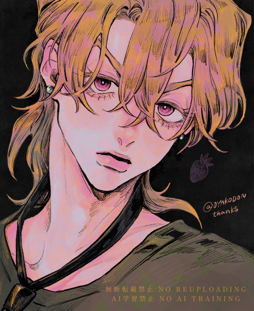 1boy absurdres black_background black_necktie blonde_hair colored_eyelashes double-parted_hair earrings grey_shirt hair_between_eyes head_tilt highres jewelry jojo_no_kimyou_na_bouken looking_at_viewer male_focus medium_hair necktie okokoro_zaiku pannacotta_fugo pearl_earrings pink_eyes portrait shirt solo twitter_username vento_aureo