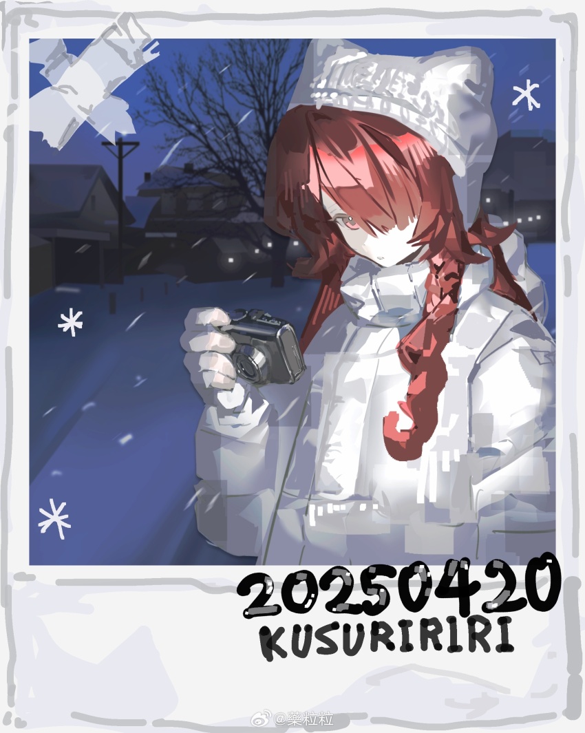 1girl absurdres animal_hat camera cat_hat hat highres holding holding_camera original red_eyes red_hair watermark weibo_6866700339 weibo_watermark white_hat