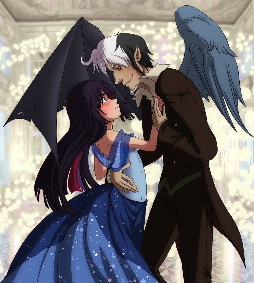 1boy 1girl asymmetrical_wings bare_shoulders blunt_bangs blush dancing discord_(my_little_pony) dress evening_gown eye_contact facial_hair formal_clothes goatee height_difference highres kayla_marquez looking_at_another multicolored_hair my_little_pony my_little_pony:_friendship_is_magic parted_lips personification pointy_ears purple_eyes purple_hair red_eyes revision shawl smile star_(symbol) tuxedo twilight_sparkle wings