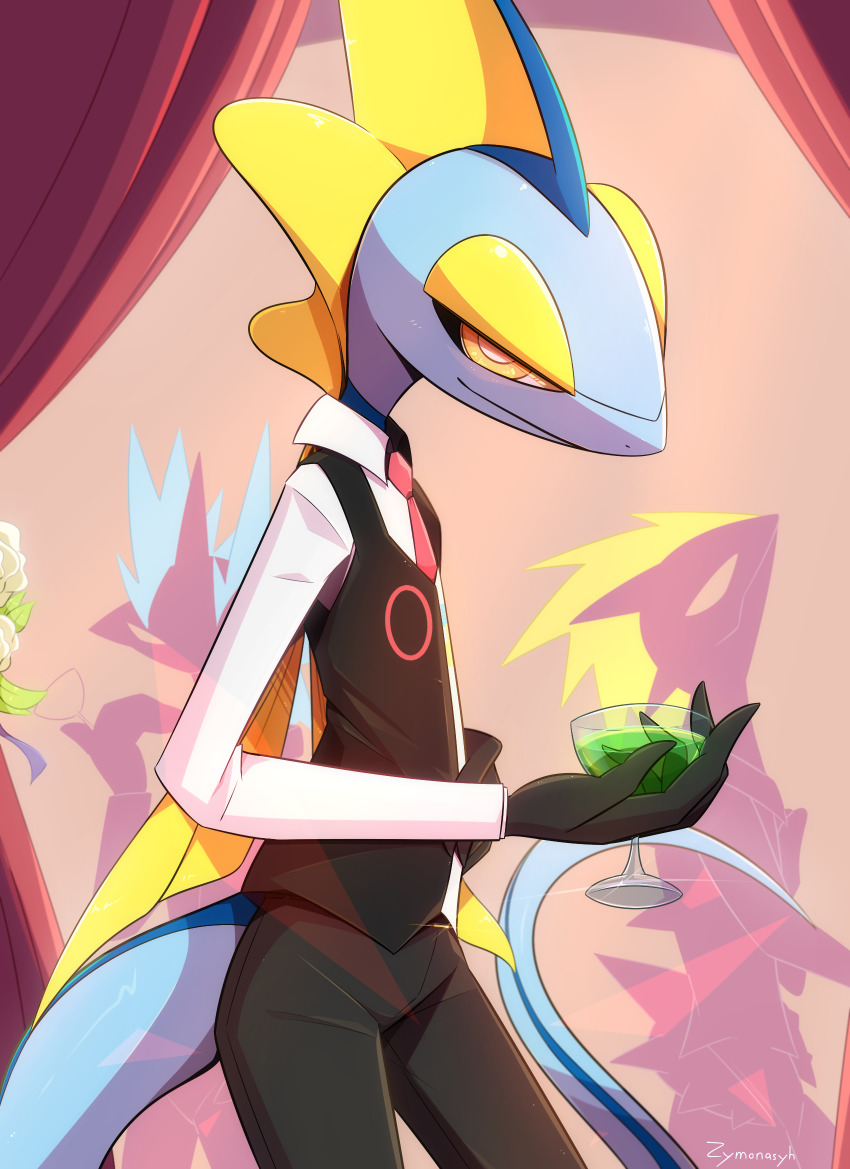 bright_pupils brown_vest closed_mouth clothed_pokemon collared_shirt commentary cosplay cup deltarune from_side gen_8_pokemon glass highres holding holding_cup inteleon liquid long_sleeves necktie nintendo pants pokemon shirt smile swatch_(deltarune) swatch_(deltarune)_(cosplay) toxtricity toxtricity_(amped) toxtricity_(low_key) vest white_pupils white_shirt yellow_eyes zymonasyh