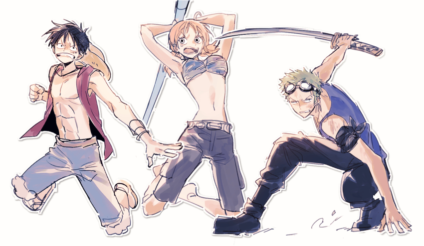 1girl 2boys arm_support armpits arms_up bare_arms belt bikini bikini_top_only black_hair black_pants blue_shirt blue_shorts breasts brown_shorts clenched_hand clima-tact commentary_request earrings fighting_stance full_body fur-trimmed_shorts fur_trim goggles goggles_on_head green_hair hat holding holding_staff holding_sword holding_weapon jewelry katana korean_commentary large_breasts low_twintails monkey_d._luffy multiple_boys nami_(one_piece) nami_(one_piece)_(skypiea) navel norya_rmfla official_alternate_costume official_alternate_hairstyle one_piece open_clothes open_mouth open_vest orange_hair pants red_vest roronoa_zoro sandals serious shirt short_hair shorts sleeveless sleeveless_shirt staff stomach straw_hat straw_hat_pirates swimsuit sword twintails unworn_hat unworn_headwear vest weapon white_background