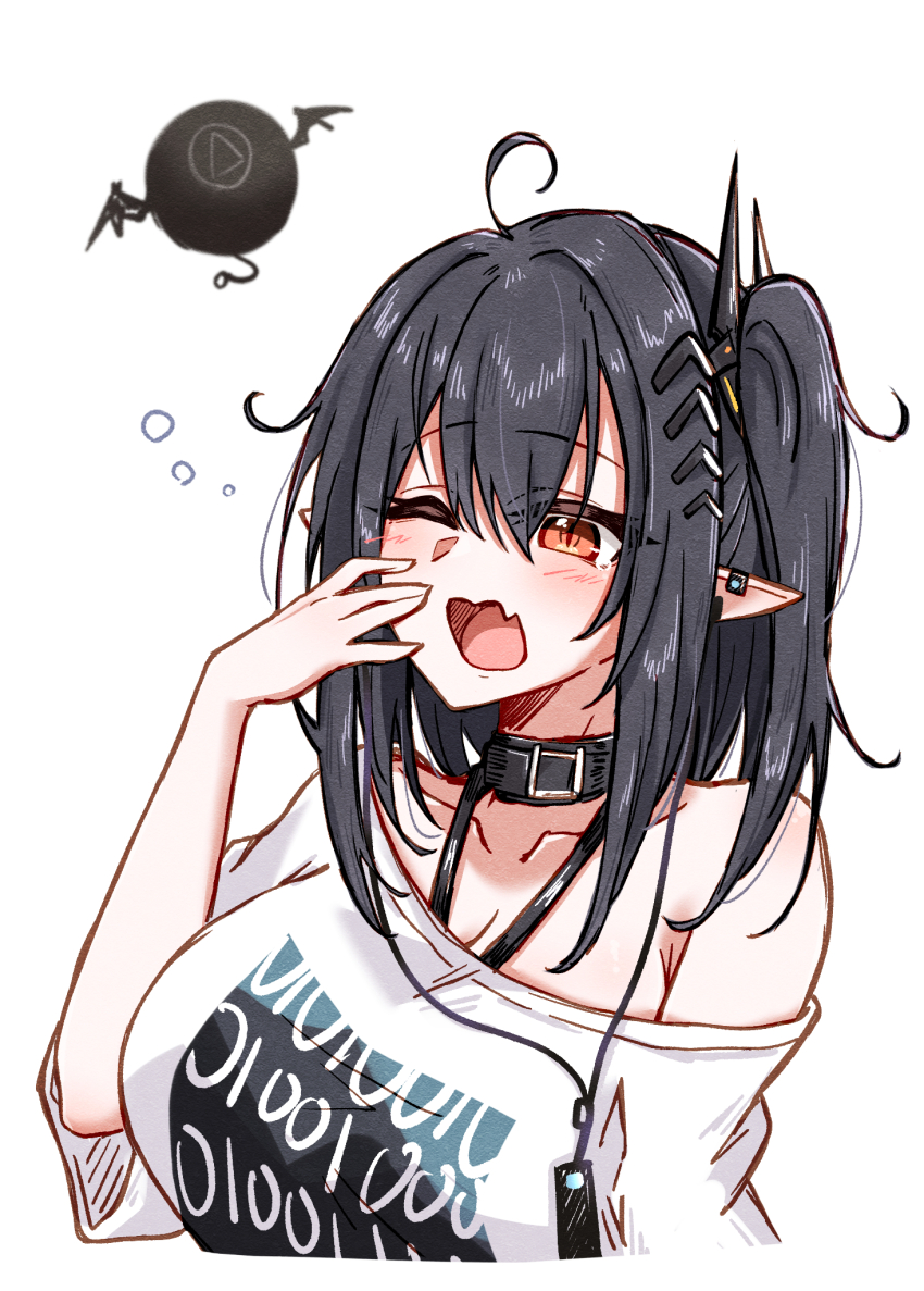 1girl ahoge arknights bare_shoulders black_hair breasts cleavage closure_(act_ii)_(arknights) closure_(arknights) clothes_writing collarbone commentary covering_own_mouth cropped_torso fang hair_between_eyes hair_ornament hairclip hand_over_own_mouth highres large_breasts maiq06 medium_hair off_shoulder one-hour_drawing_challenge one_eye_closed open_mouth orange_eyes pointy_ears shirt short_sleeves skin_fang sleepy solo squeans t-shirt white_shirt yawning