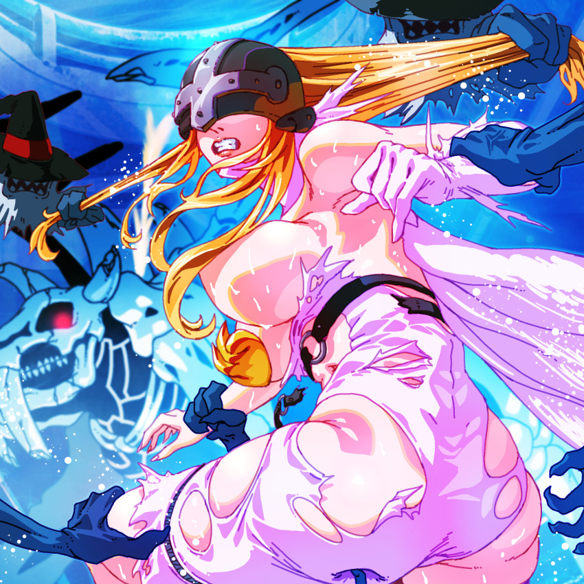 1girl angel angel_girl angewomon ass bakemon blonde_hair breasts cleavage clothing_cutout curvy digimon digimon_(creature) digimon_adventure:_(2020) fighting gerusyu head_wings highres large_breasts long_hair mask navel_cutout o-ring restrained revealing_clothes sexually_suggestive shiny_skin skullbaluchimon soulmon sweat sweatdrop torn_clothes very_long_hair wide_hips wings