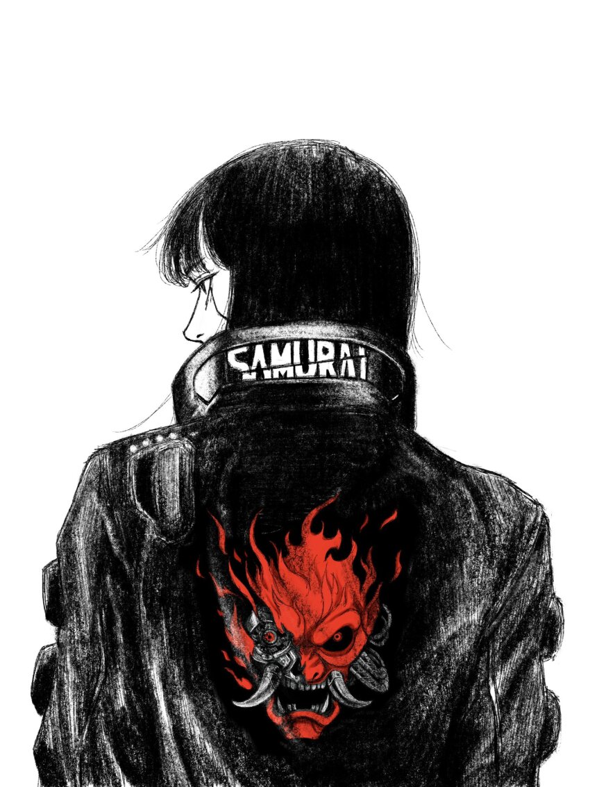 1girl black_hair english_text from_behind highres jaws long_hair looking_to_the_side oni original solo tp_p_pt white_background