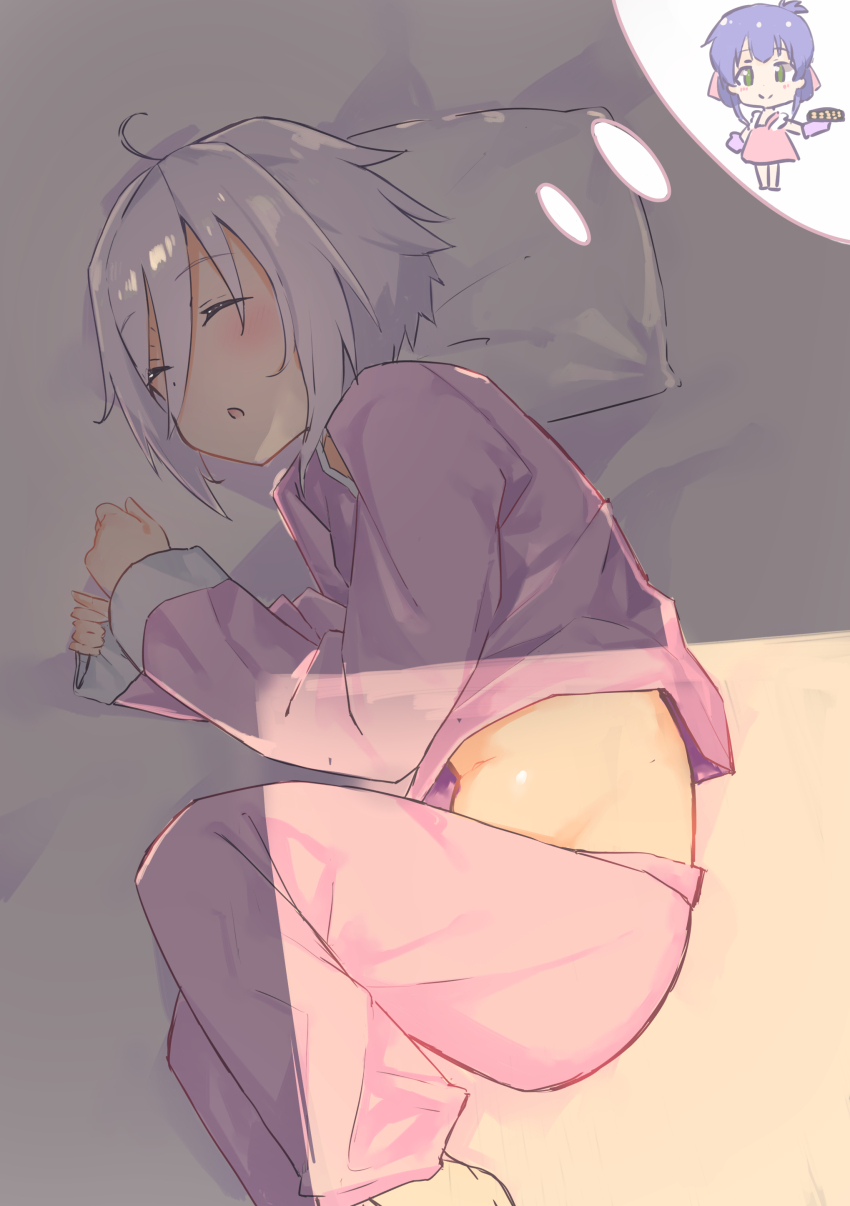 1girl absurdres ahoge blush closed_eyes commentary_request grey_hair hair_between_eyes highres hitoiki itomi_sayaka long_sleeves lying on_bed on_side open_mouth pajamas pants pillow pink_pajamas pink_pants pink_shirt shirt short_hair sleeping solo speech_bubble thought_bubble toji_no_miko yanase_mai